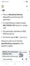 Load image into Gallery viewer, Marathon Electric MagnaPlus Synchronous AC Generator – Model 36MSL1613-1
